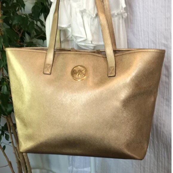 MICHAEL KORS Jet Set large metallic gold leather tote bag w/gold hardware EUC - Picture 1 of 10